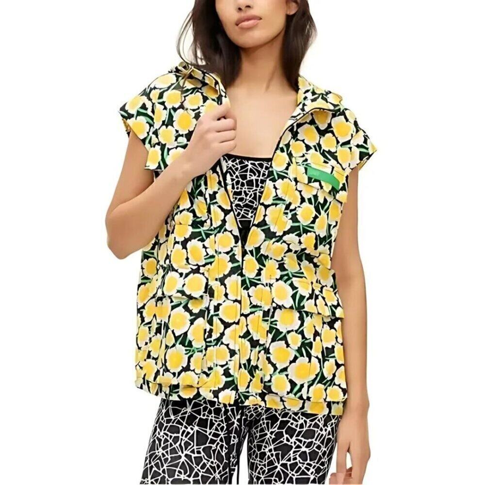 DVF Packable Yellow Poppy NWT Hooded Vest XXL Floral Short Sleeve Hood Dopamine - Picture 2 of 16